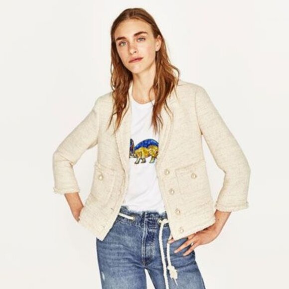 New Zara Ivory Ecru Tweed Textured Blazer Jacket w/Pockets, Pearl Buttons, Ivory - Picture 7 of 14